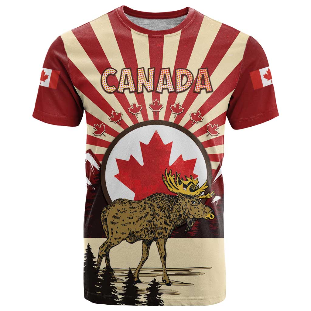Personalized Canada Maple Leaf T-Shirt Moose And Forest Retro Style Graphic Tee