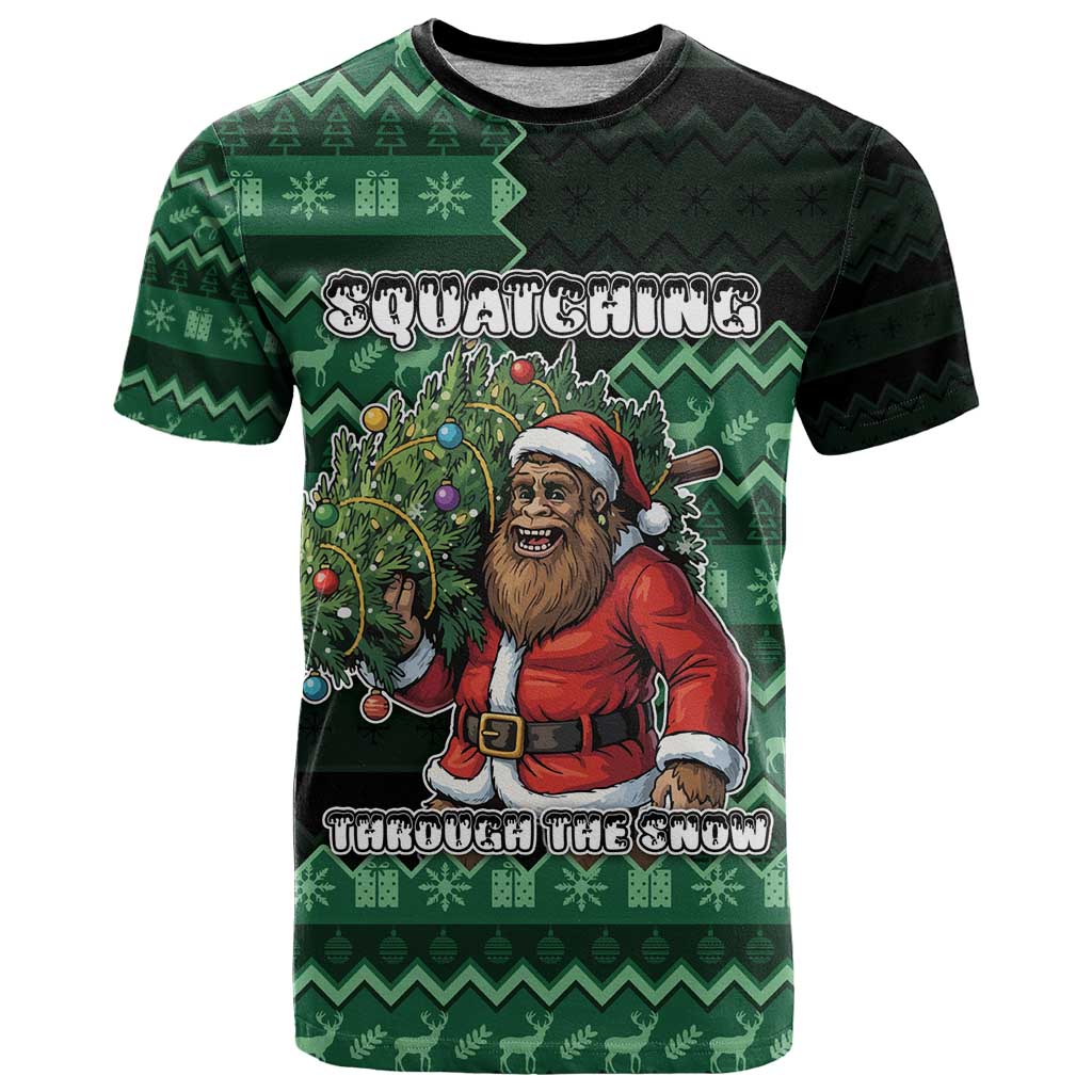 Bigfoot Christmas T-Shirt Squatching Through The Snow Graphic Tee
