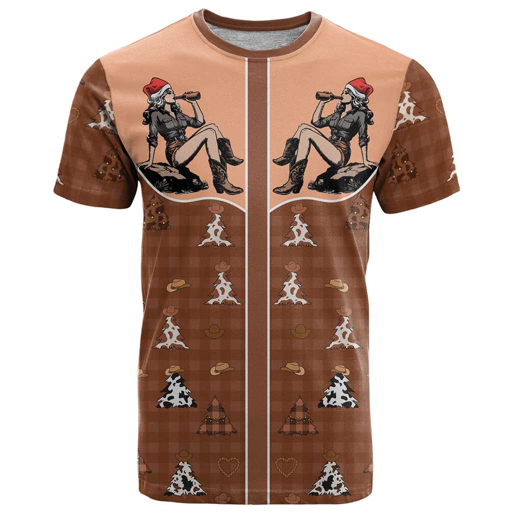 Western Yoke T-Shirt Cowgirl Drinking Wine Christmas Graphic Tee
