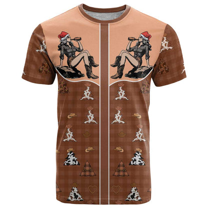 Western Yoke T-Shirt Cowgirl Drinking Wine Christmas Graphic Tee
