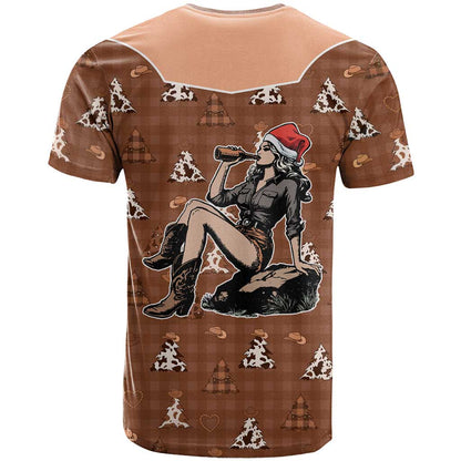 Western Yoke T-Shirt Cowgirl Drinking Wine Christmas Graphic Tee
