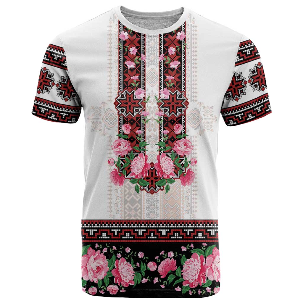 Red Romanian National Costume T-Shirt Peony Flowers Traditional Folk Pattern Graphic Tee