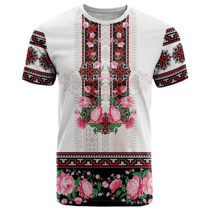 Red Romanian National Costume T-Shirt Peony Flowers Traditional Folk Pattern Graphic Tee