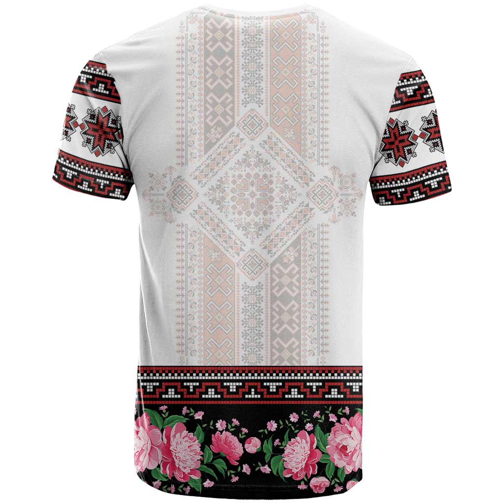 Red Romanian National Costume T-Shirt Peony Flowers Traditional Folk Pattern Graphic Tee