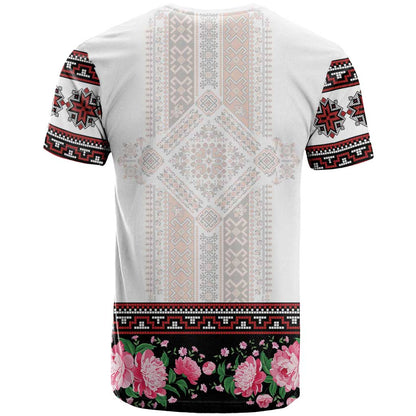 Red Romanian National Costume T-Shirt Peony Flowers Traditional Folk Pattern Graphic Tee