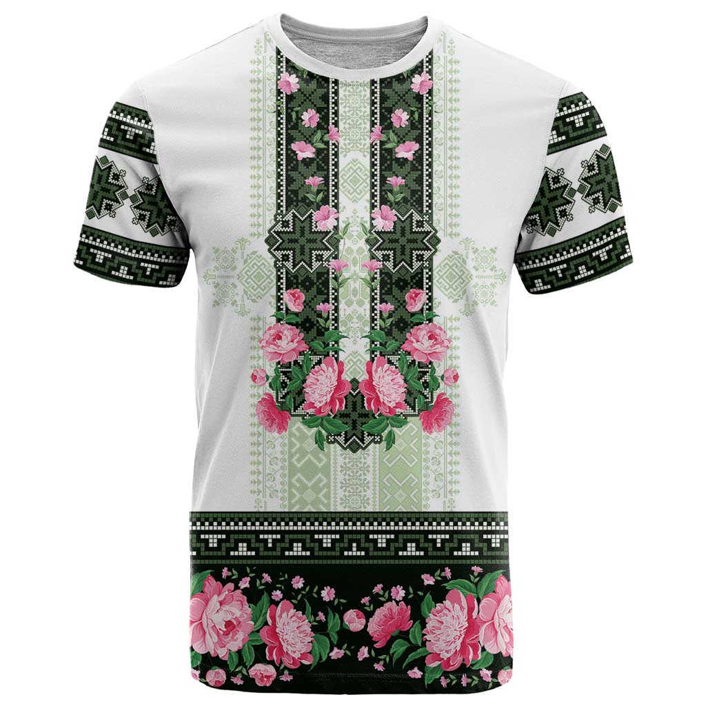 Green Romanian National Costume T-Shirt Peony Flowers Traditional Folk Pattern Graphic Tee