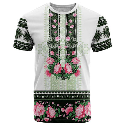 Green Romanian National Costume T-Shirt Peony Flowers Traditional Folk Pattern Graphic Tee