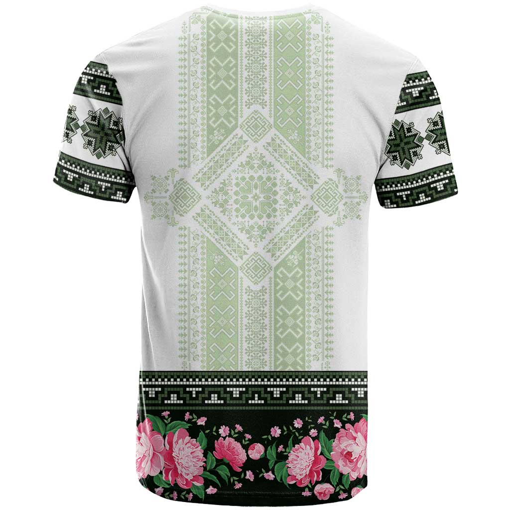 Green Romanian National Costume T-Shirt Peony Flowers Traditional Folk Pattern Graphic Tee