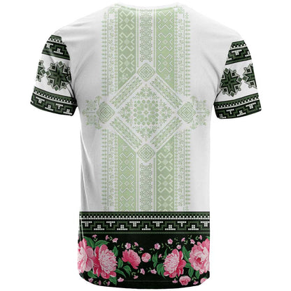 Green Romanian National Costume T-Shirt Peony Flowers Traditional Folk Pattern Graphic Tee