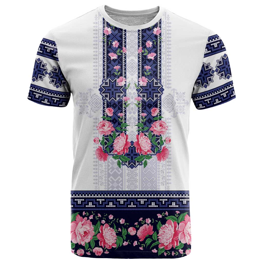 Navy Romanian National Costume T-Shirt Peony Flowers Traditional Folk Pattern Graphic Tee