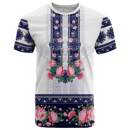 Navy Romanian National Costume T-Shirt Peony Flowers Traditional Folk Pattern Graphic Tee