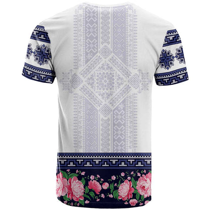 Navy Romanian National Costume T-Shirt Peony Flowers Traditional Folk Pattern Graphic Tee