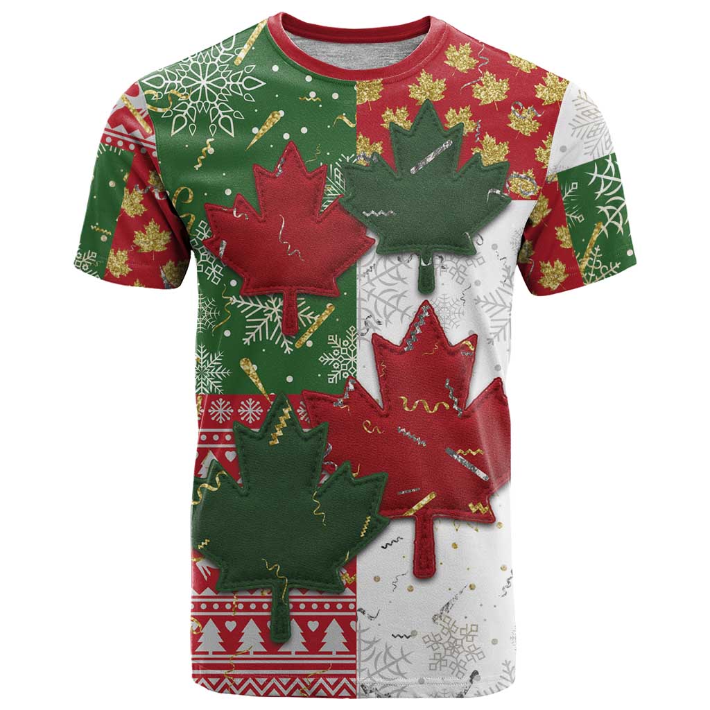 Canada Christmas T-Shirt Maple Leaves Patchwork Style Graphic Tee