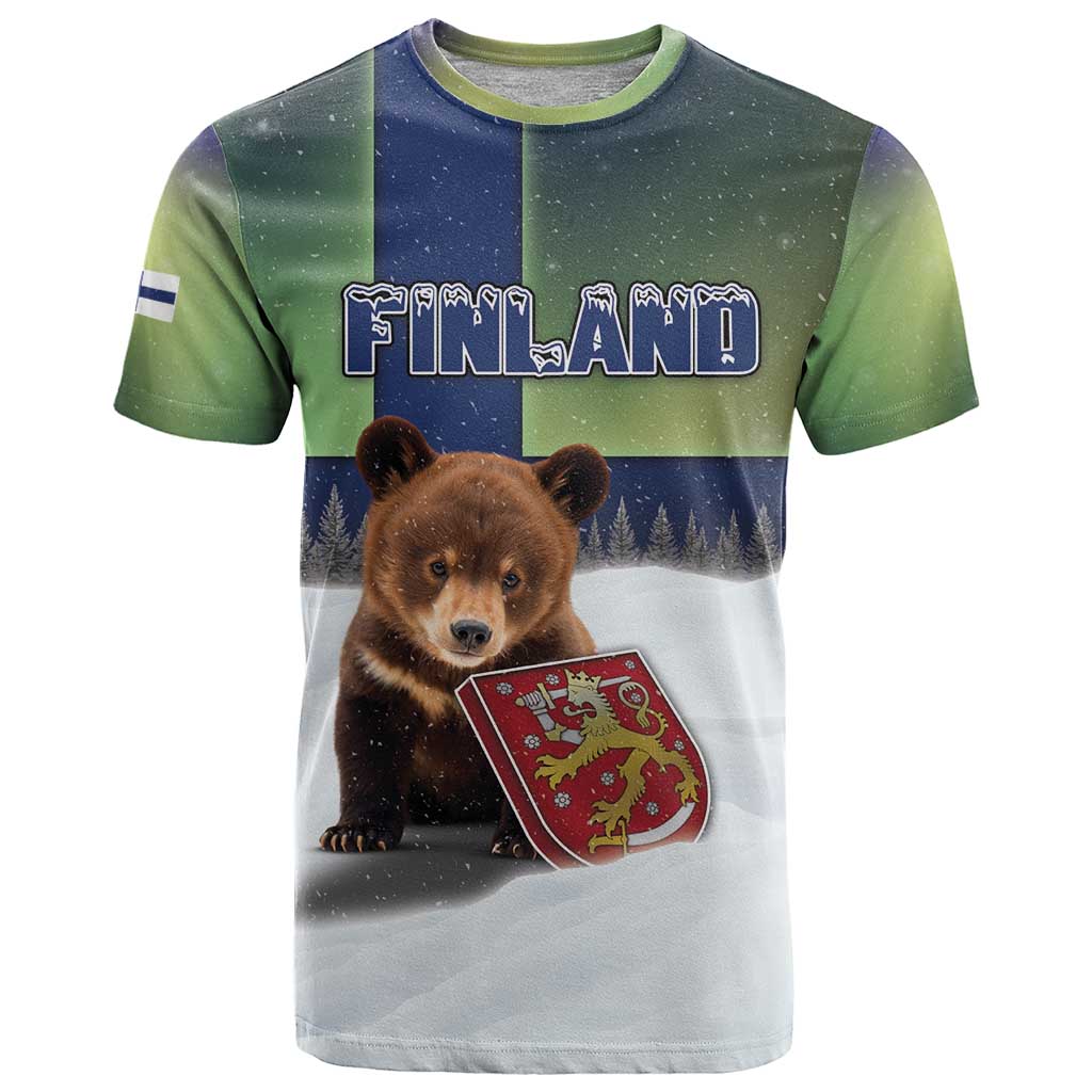 Personalized Finland T-Shirt Brown Bear With Symbol Under The Aurora Sky Graphic Tee