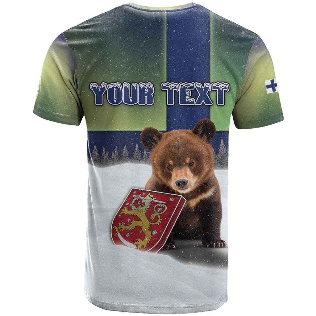 Personalized Finland T-Shirt Brown Bear With Symbol Under The Aurora Sky Graphic Tee