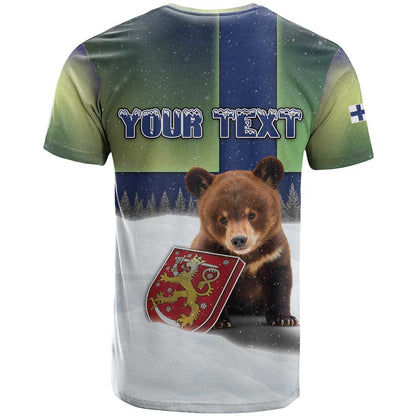 Personalized Finland T-Shirt Brown Bear With Symbol Under The Aurora Sky Graphic Tee