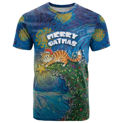 Merry Catmas T-Shirt Cat Hanging On Xmas Tree Graphic Tee