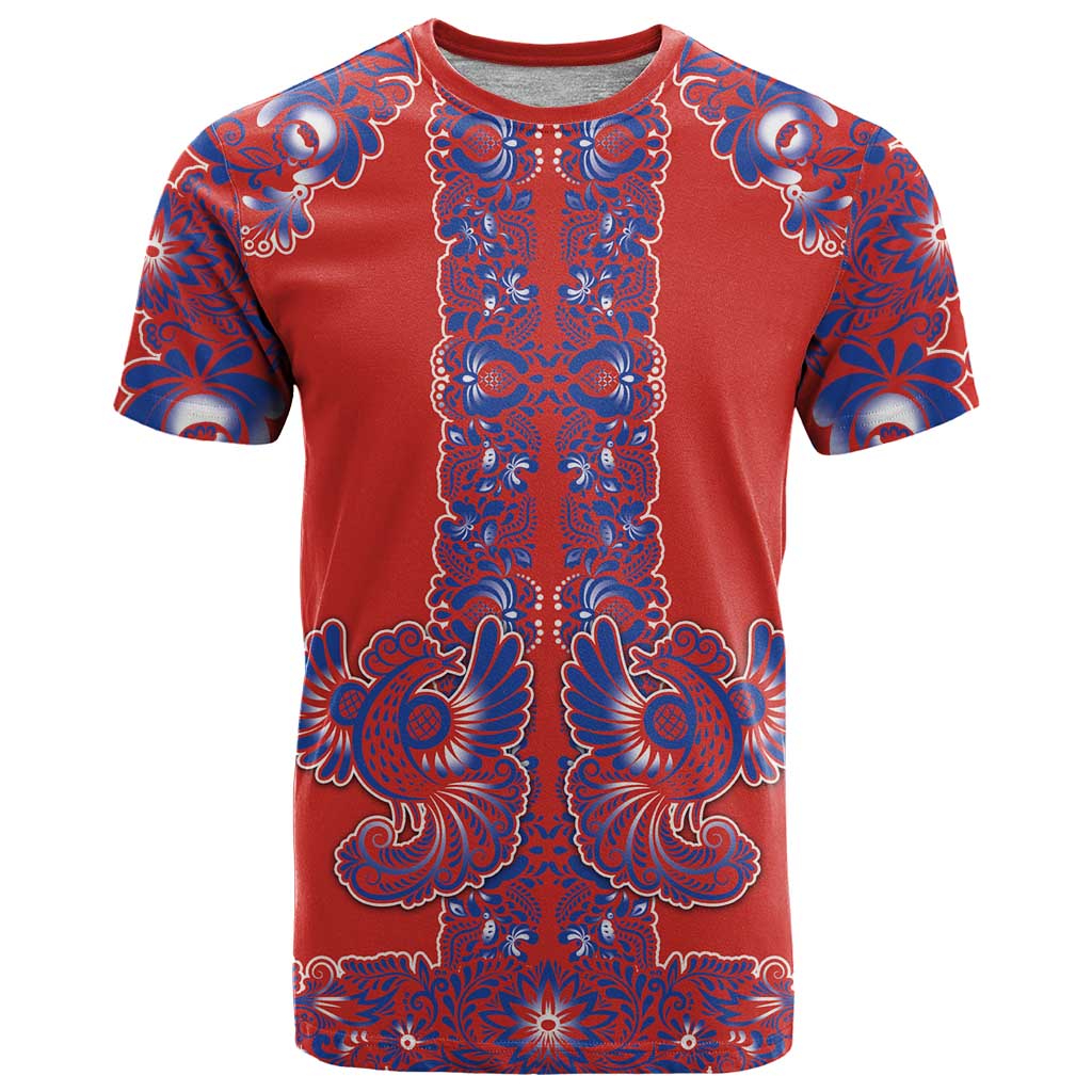 Red Russian National Costume T-Shirt Rooster Motifs Traditional Folk Pattern Graphic Tee