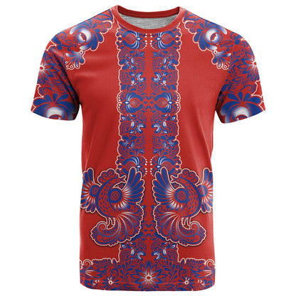Red Russian National Costume T-Shirt Rooster Motifs Traditional Folk Pattern Graphic Tee
