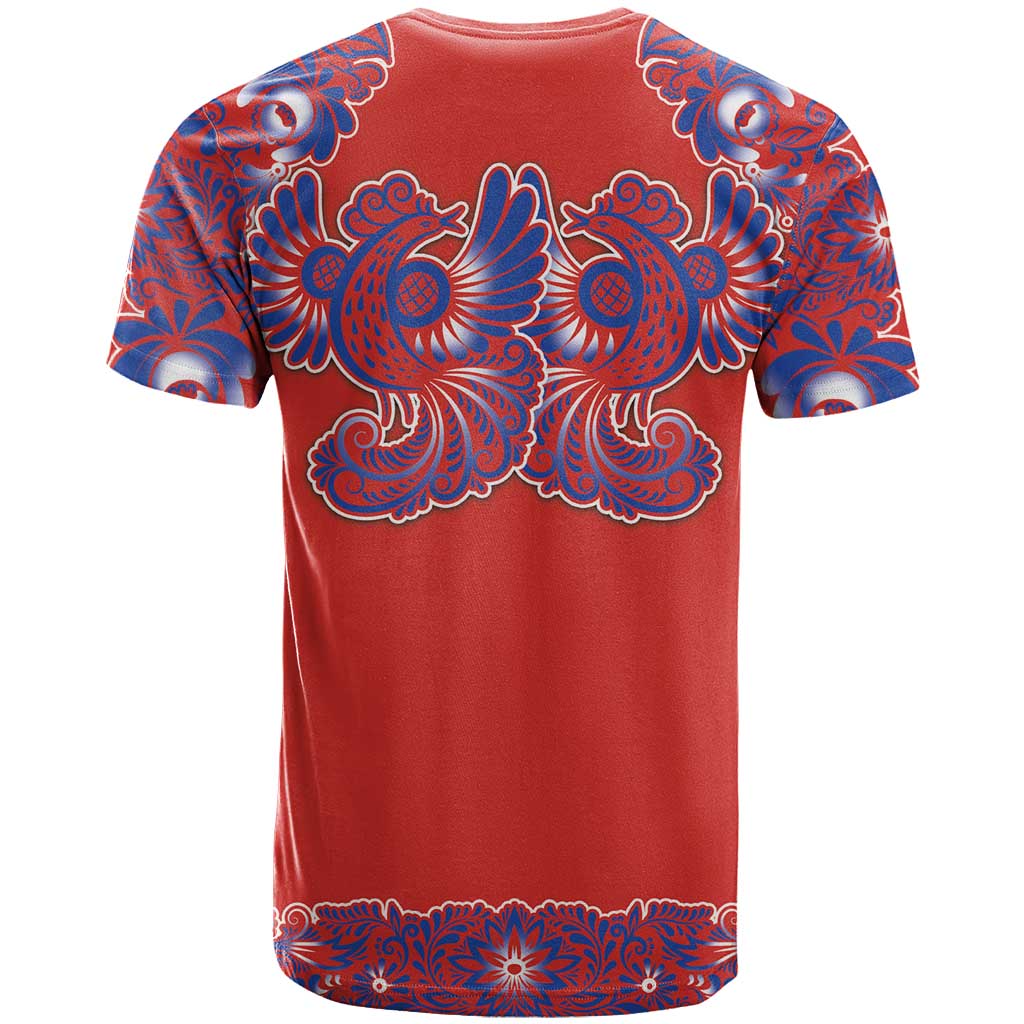 Red Russian National Costume T-Shirt Rooster Motifs Traditional Folk Pattern Graphic Tee