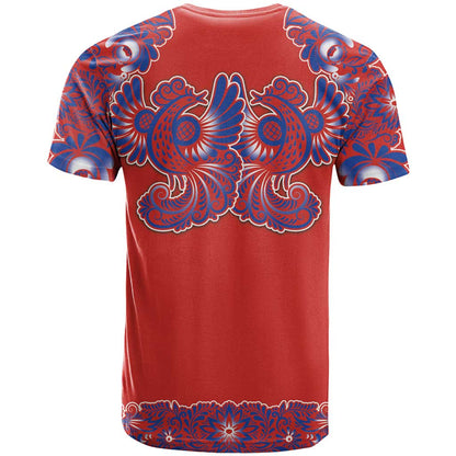 Red Russian National Costume T-Shirt Rooster Motifs Traditional Folk Pattern Graphic Tee