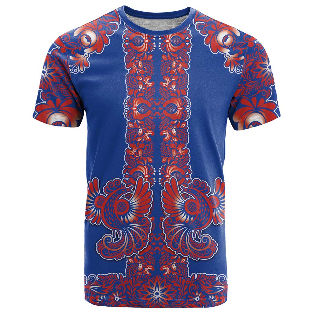 Blue Russian National Costume T-Shirt Rooster Motifs Traditional Folk Pattern Graphic Tee