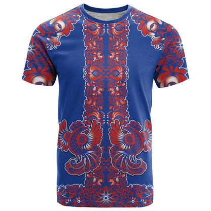 Blue Russian National Costume T-Shirt Rooster Motifs Traditional Folk Pattern Graphic Tee