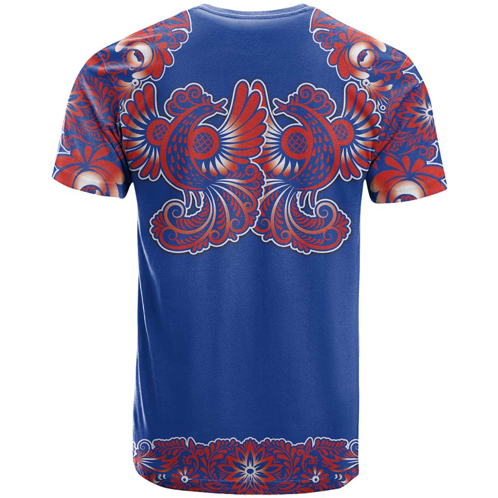 Blue Russian National Costume T-Shirt Rooster Motifs Traditional Folk Pattern Graphic Tee