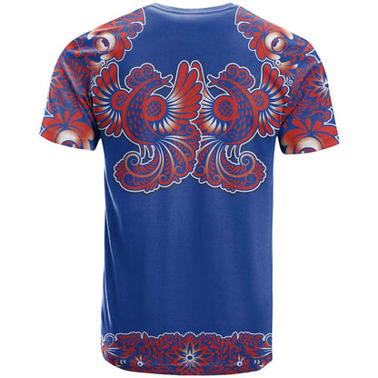 Blue Russian National Costume T-Shirt Rooster Motifs Traditional Folk Pattern Graphic Tee
