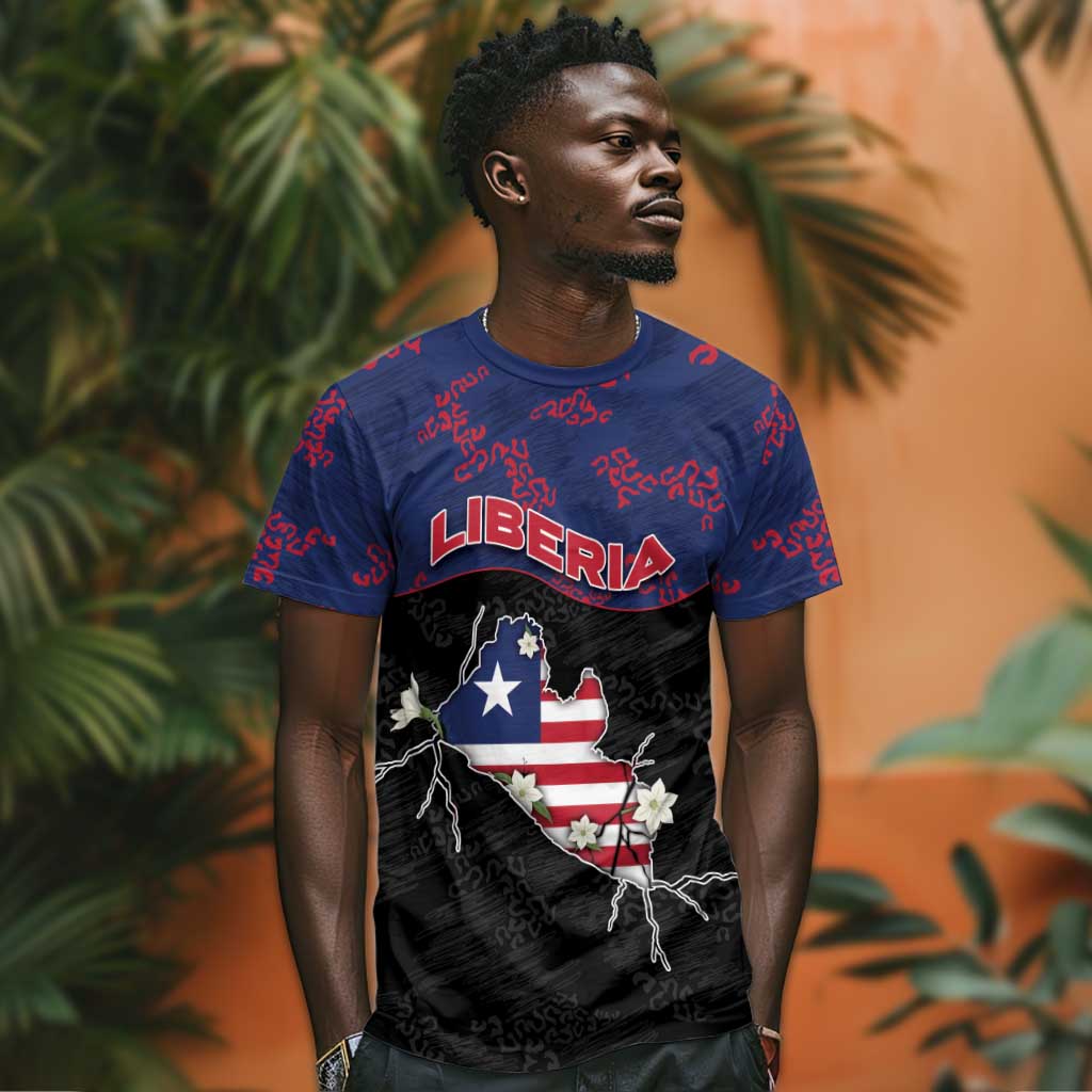 Personalized Liberia T-Shirt Map With Pepper Flowers Scratch Texture Graphic Tee