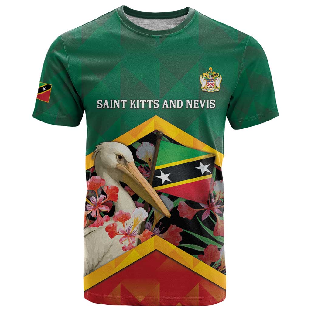Personalized Saint Kitts and Nevis T-Shirt Pelican With Poinciana Flowers Graphic Tee
