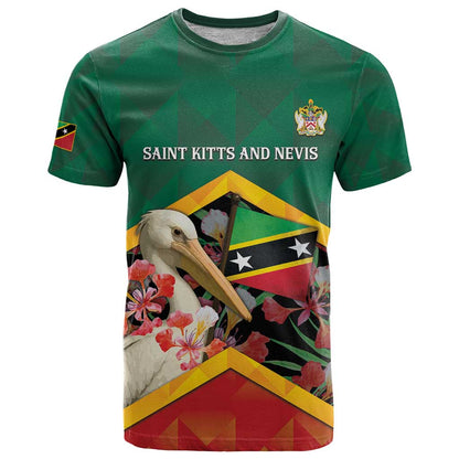 Personalized Saint Kitts and Nevis T-Shirt Pelican With Poinciana Flowers Graphic Tee