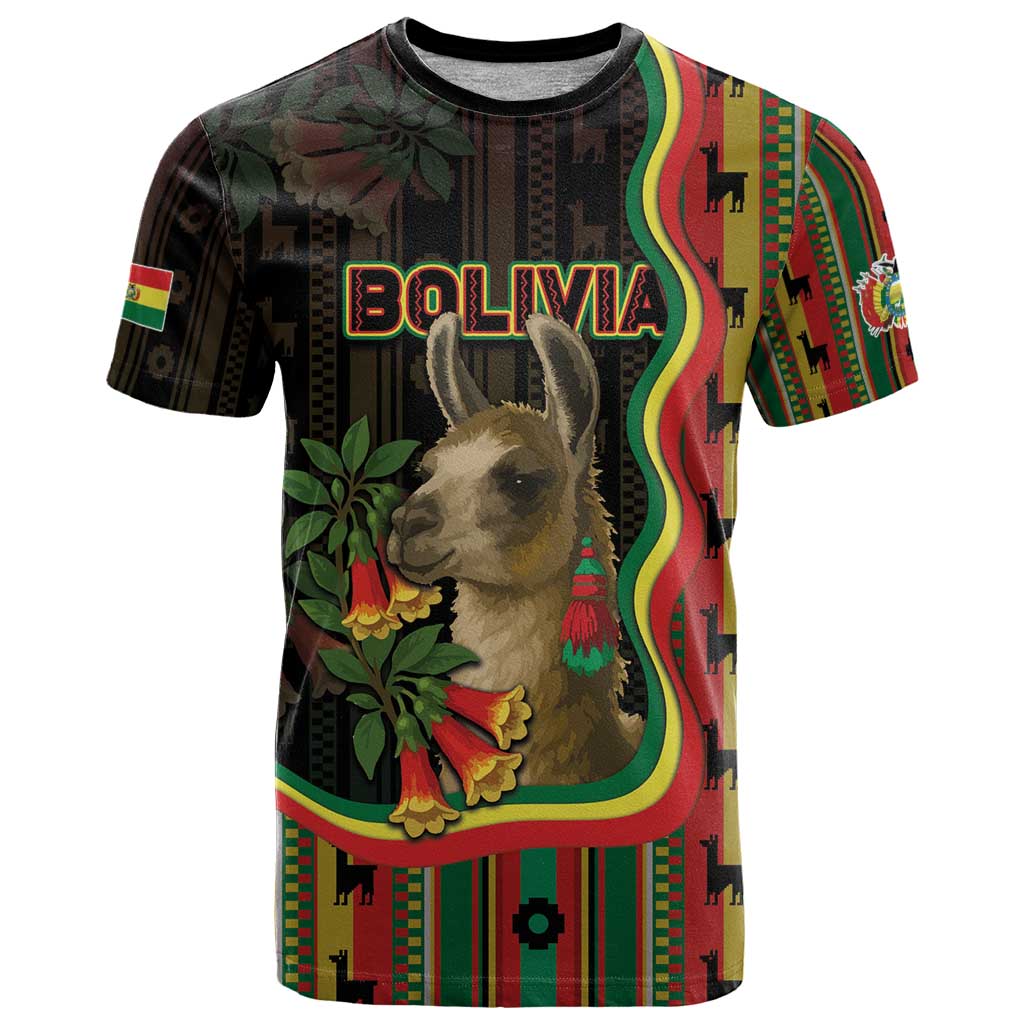 Bolivia T-Shirt The Llama With Kantuta Over Andean Patterns Graphic Tee