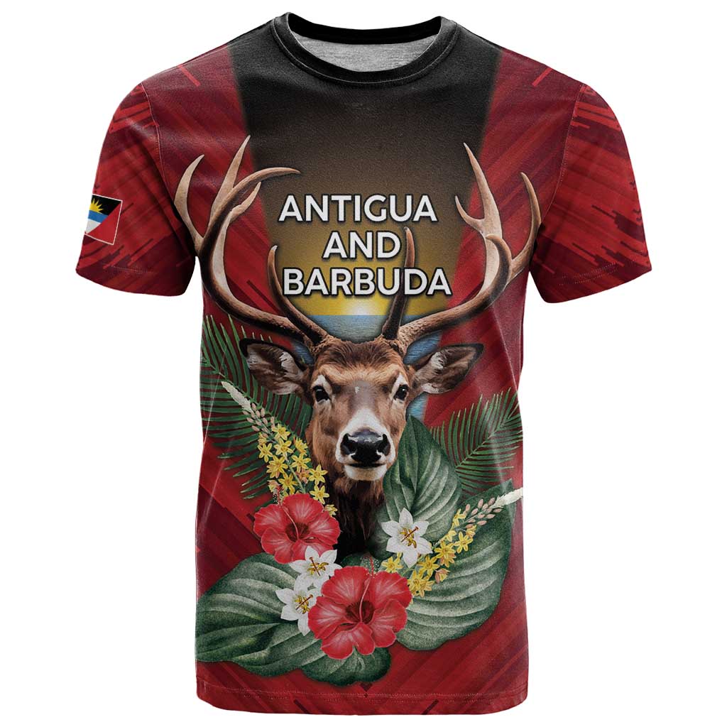 Personalized Antigua and Barbuda T-Shirt Tropical Flowers Stag Deer Graphic Tee