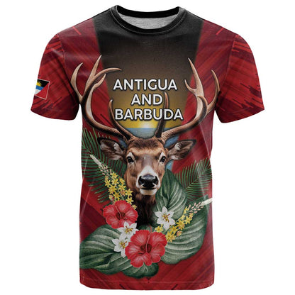 Personalized Antigua and Barbuda T-Shirt Tropical Flowers Stag Deer Graphic Tee