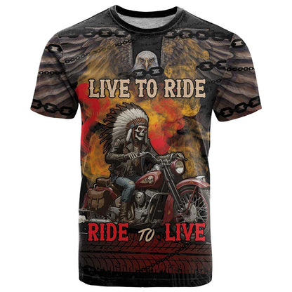 Indian Motorcycle T-Shirt Live To Ride Skull Biker Native American Graphic Tee