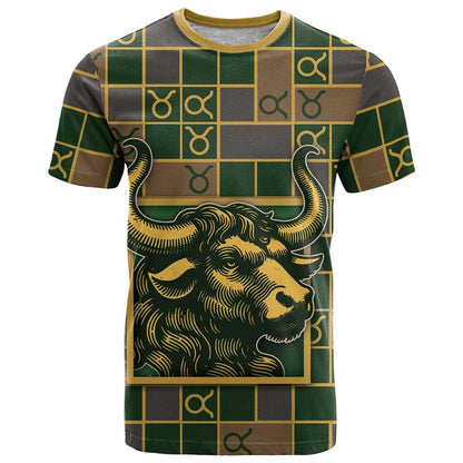 Custom Taurus Zodiac T-Shirt Checkered Pattern Graphic Tee