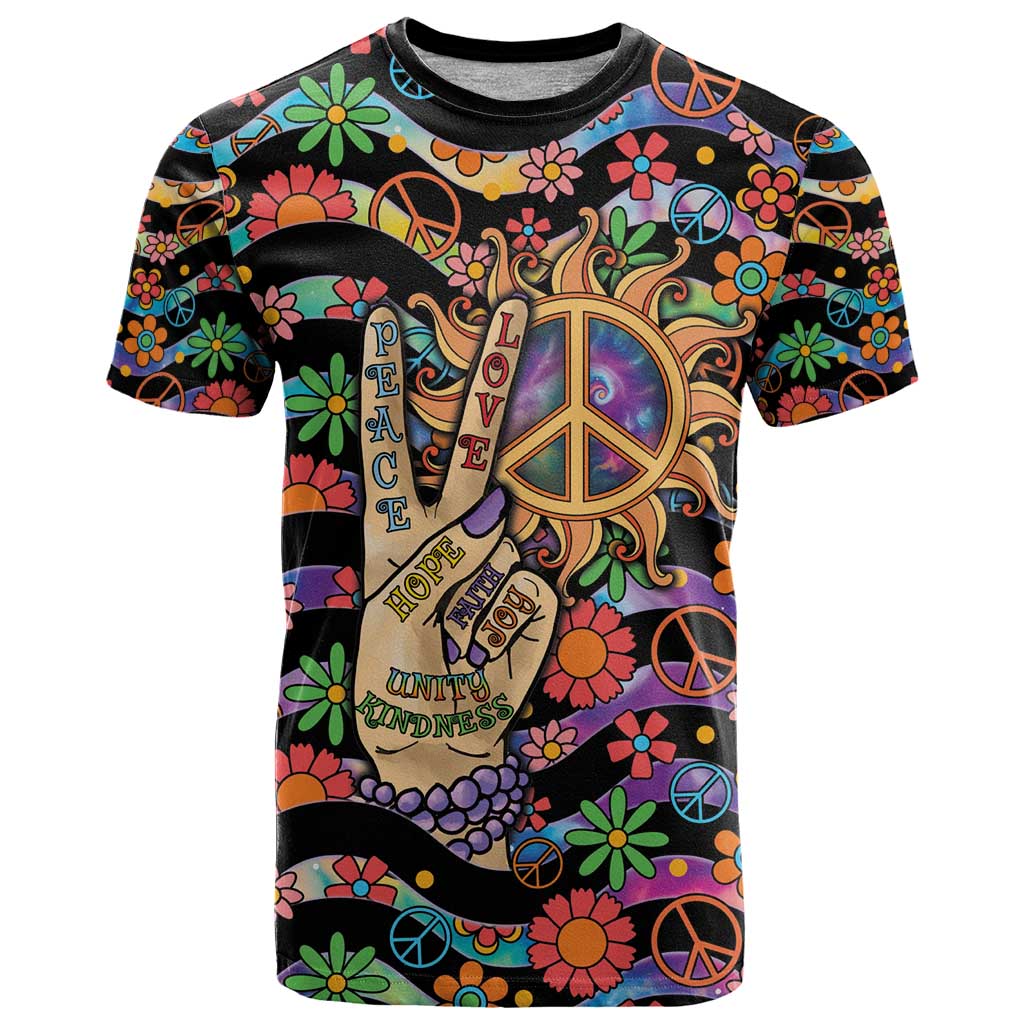 Hippie T-Shirt Hand Gesture V With Peace Symbol Graphic Tee