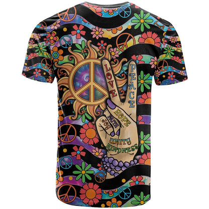 Hippie T-Shirt Hand Gesture V With Peace Symbol Graphic Tee