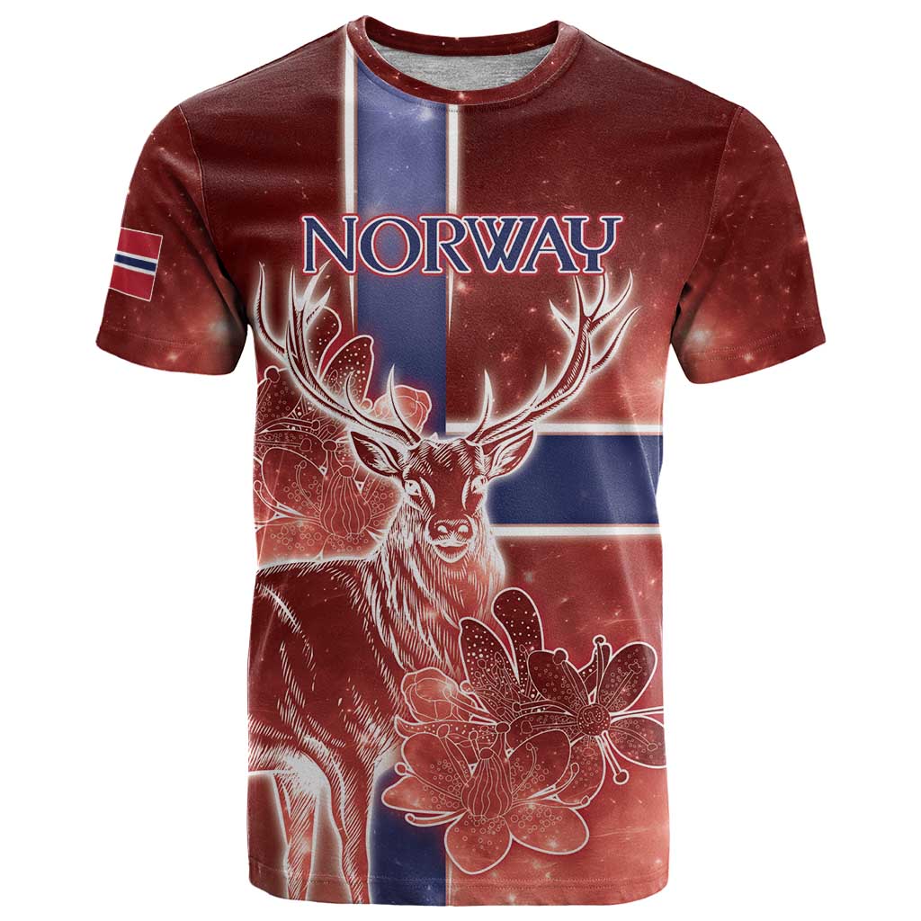 Personalized Norway T-Shirt The Moose With Saxifrage Flowers Galaxy Style Graphic Tee