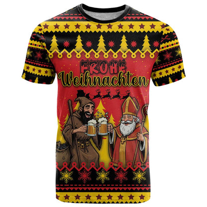 Germany Christmas T-Shirt Saint Nicholas And Knecht Ruprecht Drink Beer Graphic Tee