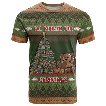 Book Lovers Christmas T-Shirt Gingerbread With Xmas Book Tree Graphic Tee