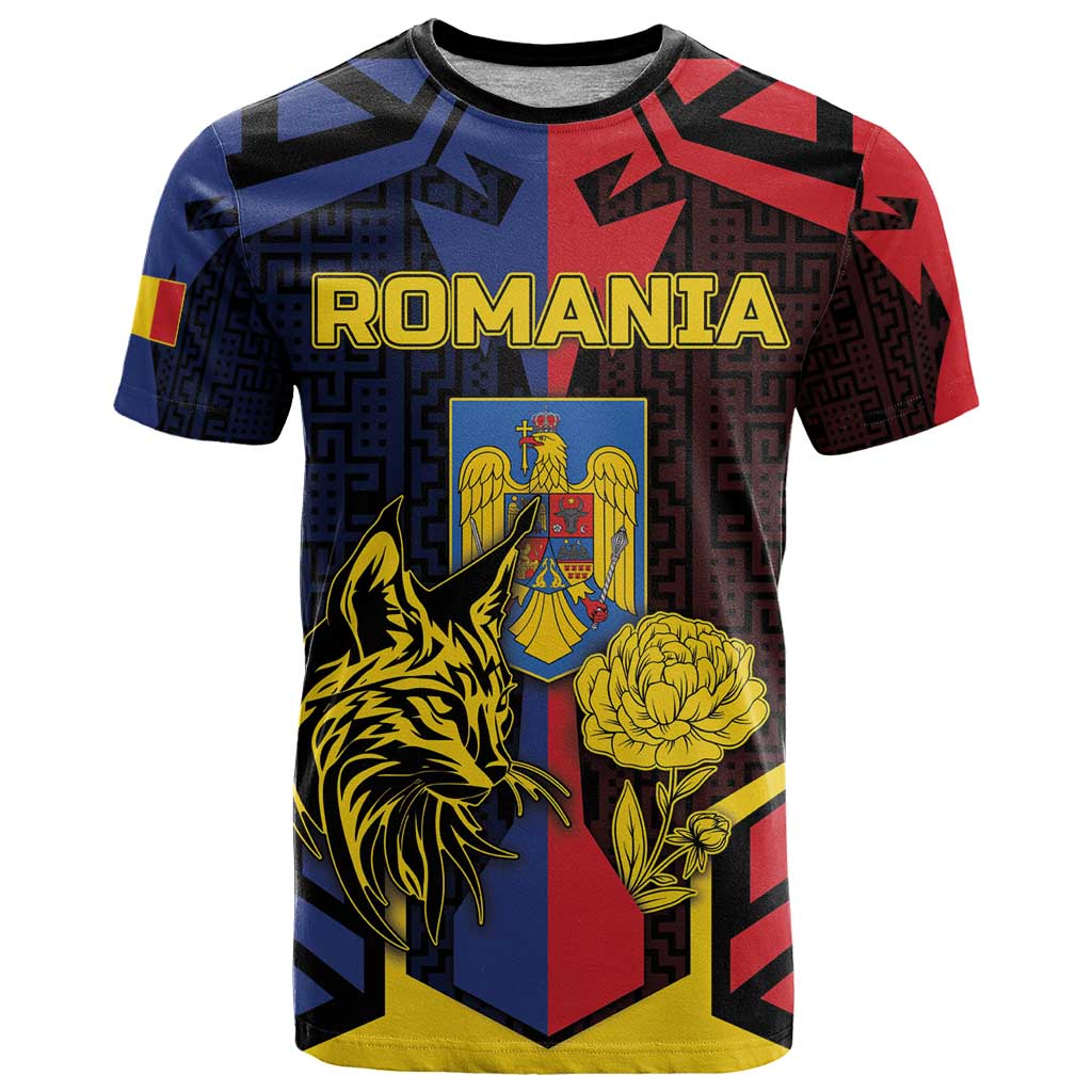 Personalized Romania T-Shirt The Eurasian Lynx With The Peony Graphic Tee