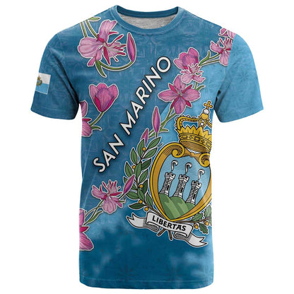 Personalized San Marino T-Shirt The Cyclamen Cyprium With Coat Of Arms Graphic Tee