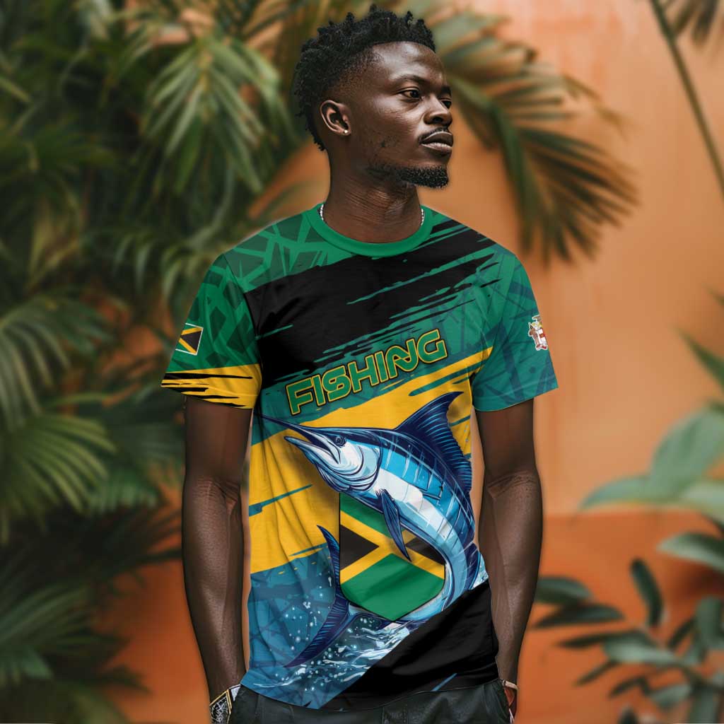 Personalized Afro-Jamaicans Fishing T-Shirt Blue Marlin Fish Graphic Tee