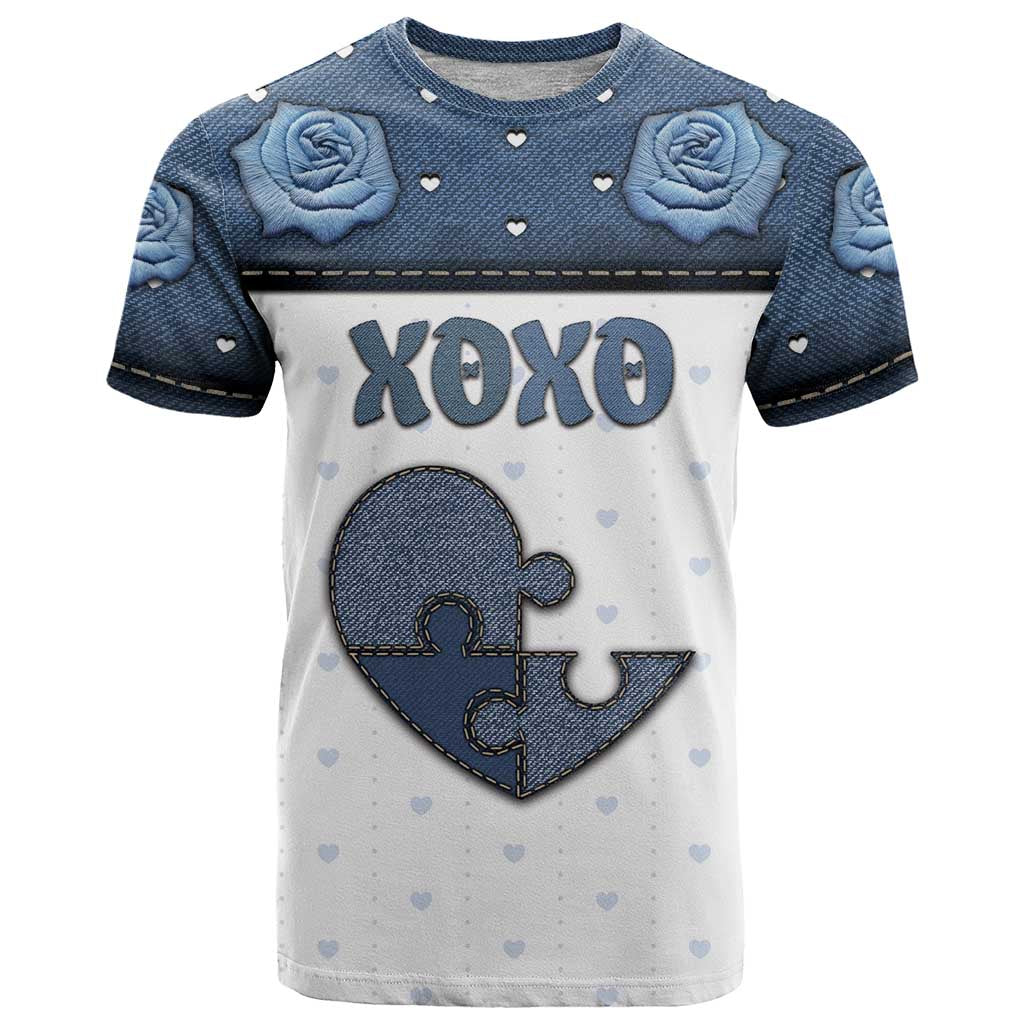 Personalized XOXO Valentine's Day T-Shirt Pieces Of The Heart Old Denim Fabric Effect Graphic Tee