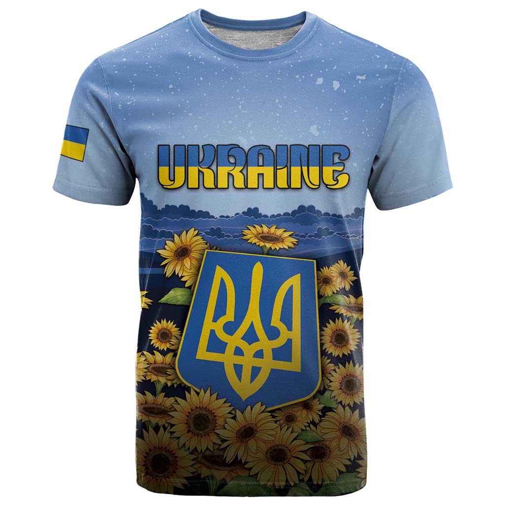 Personalized Ukraine T-Shirt Coat Of Arms On Sunflower Field Graphic Tee