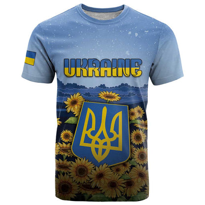 Personalized Ukraine T-Shirt Coat Of Arms On Sunflower Field Graphic Tee