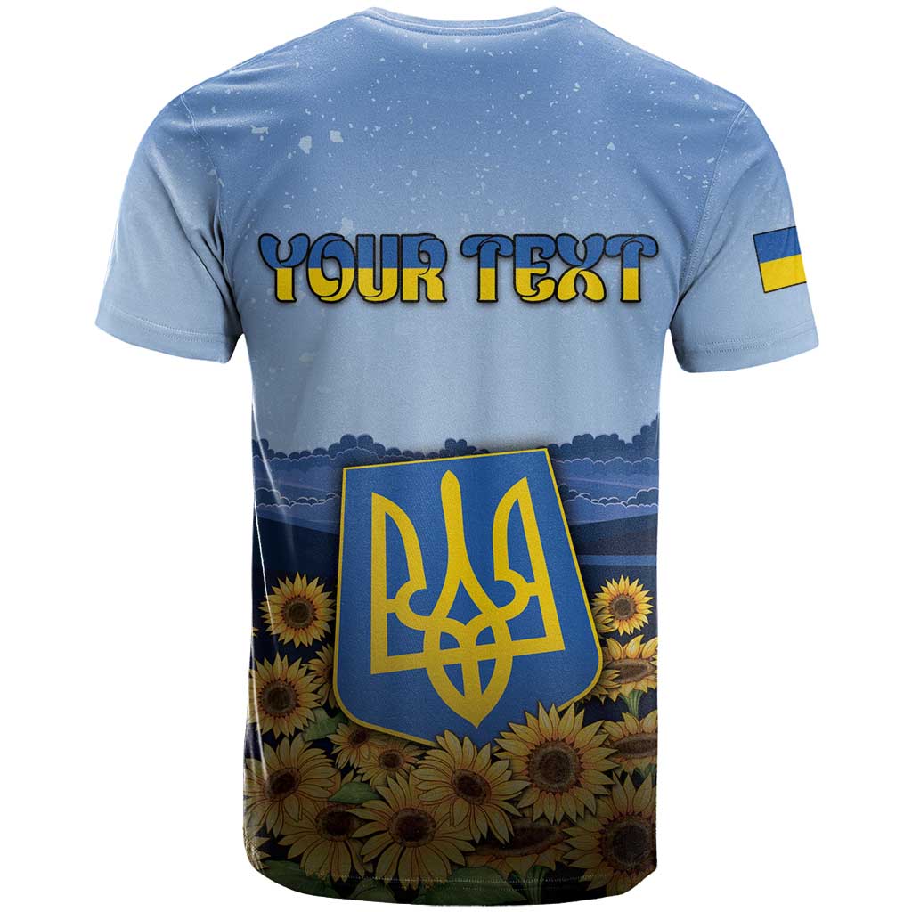 Personalized Ukraine T-Shirt Coat Of Arms On Sunflower Field Graphic Tee
