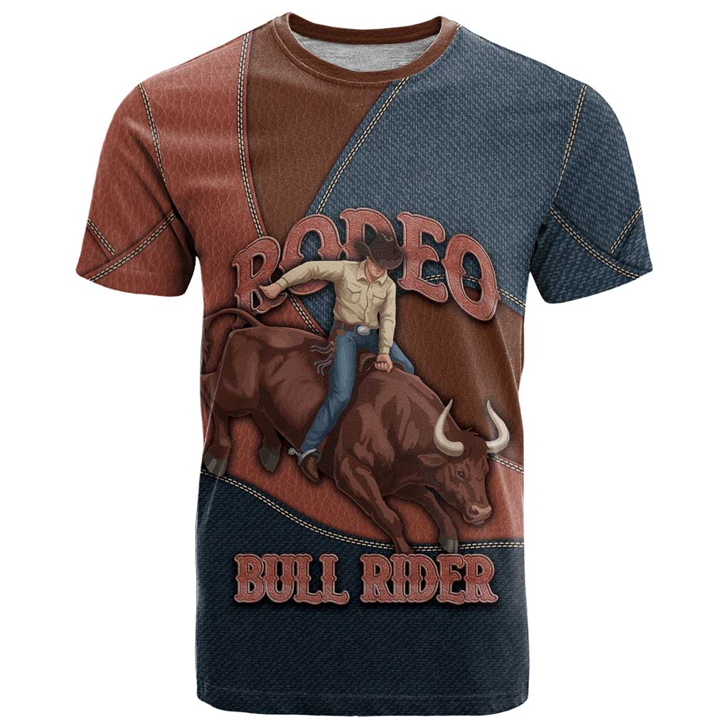 Bull Riding T-Shirt Western Cowboy Denim And Leather Effect Graphic Tee